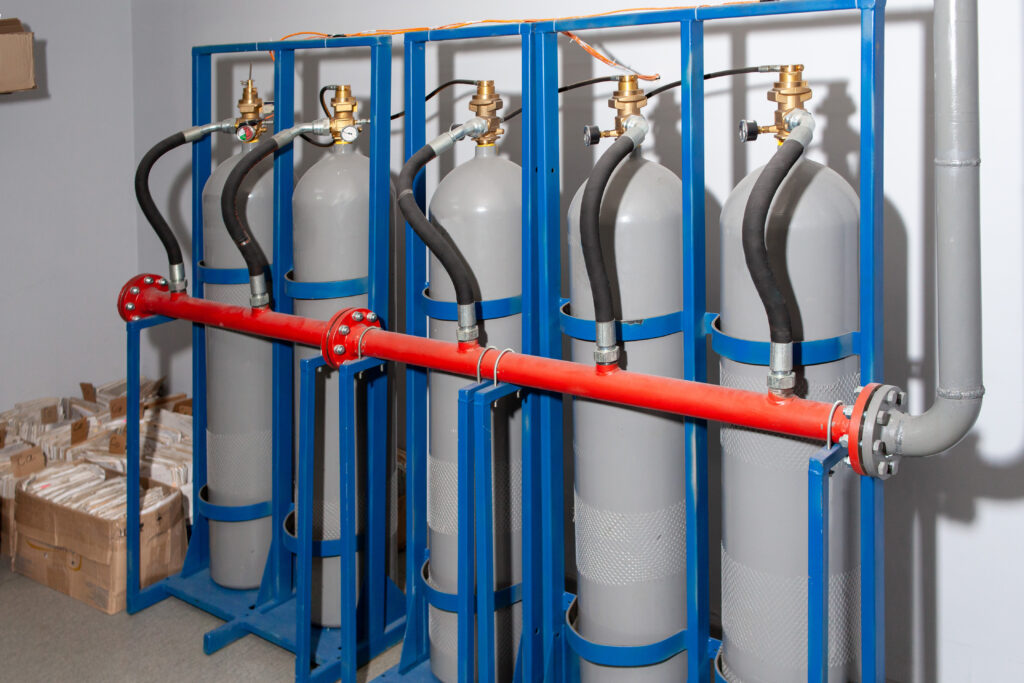 Gas cylinders for fire suppression. Safety equipment for fire control.